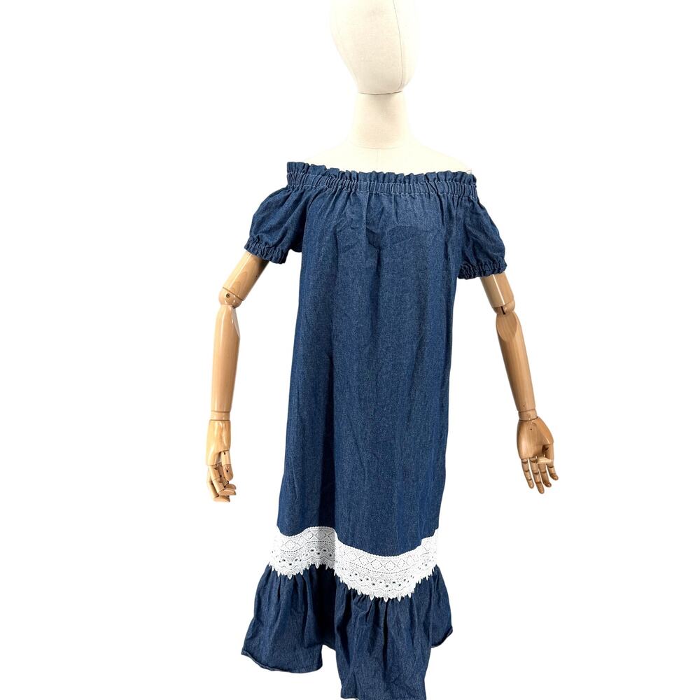 Dark Denim Off Shoulder White Lace Trim Maxi Dress